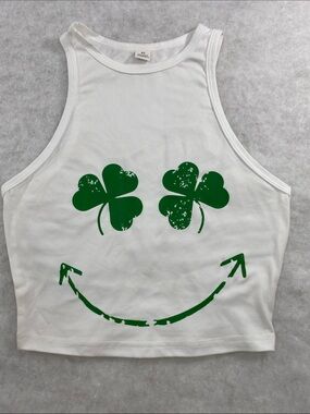 White Cropped Tank with Green Shamrock Smile Graphic